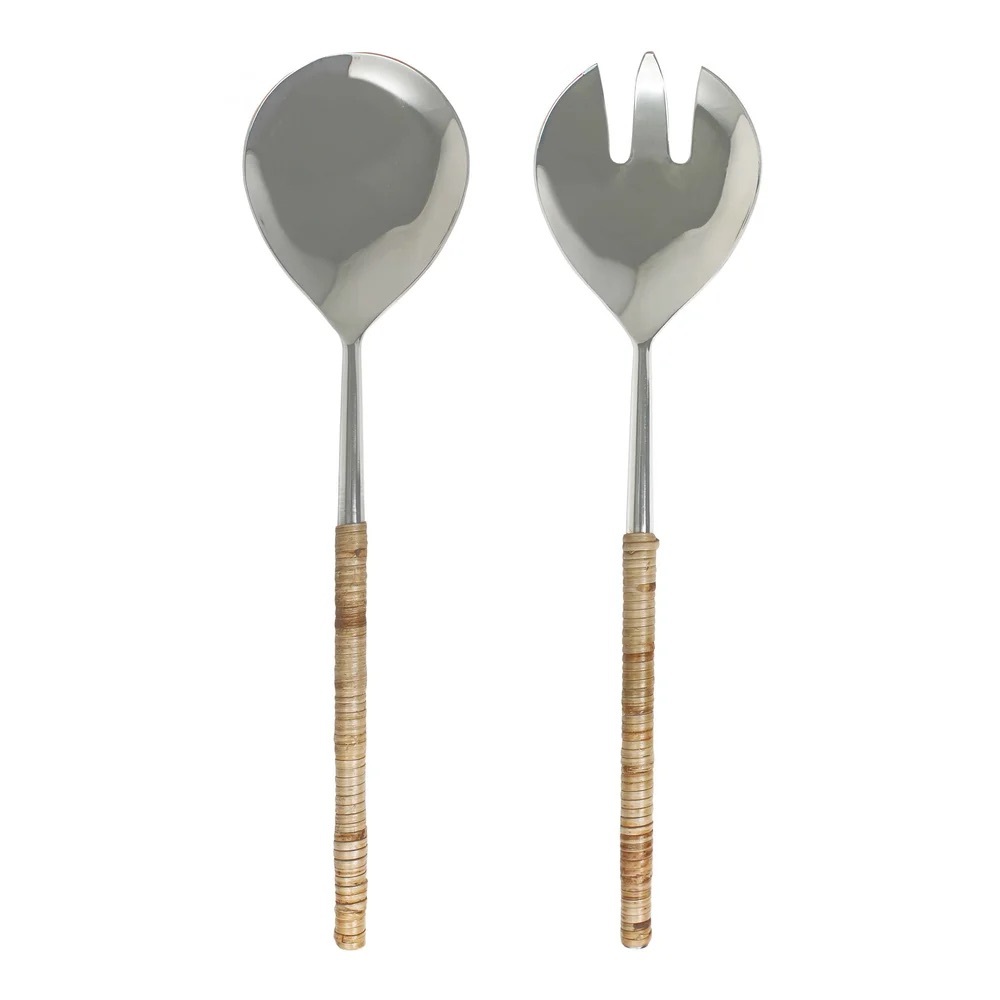 bnwt NATURAL RATTAN HANDLED SALAD SERVERS